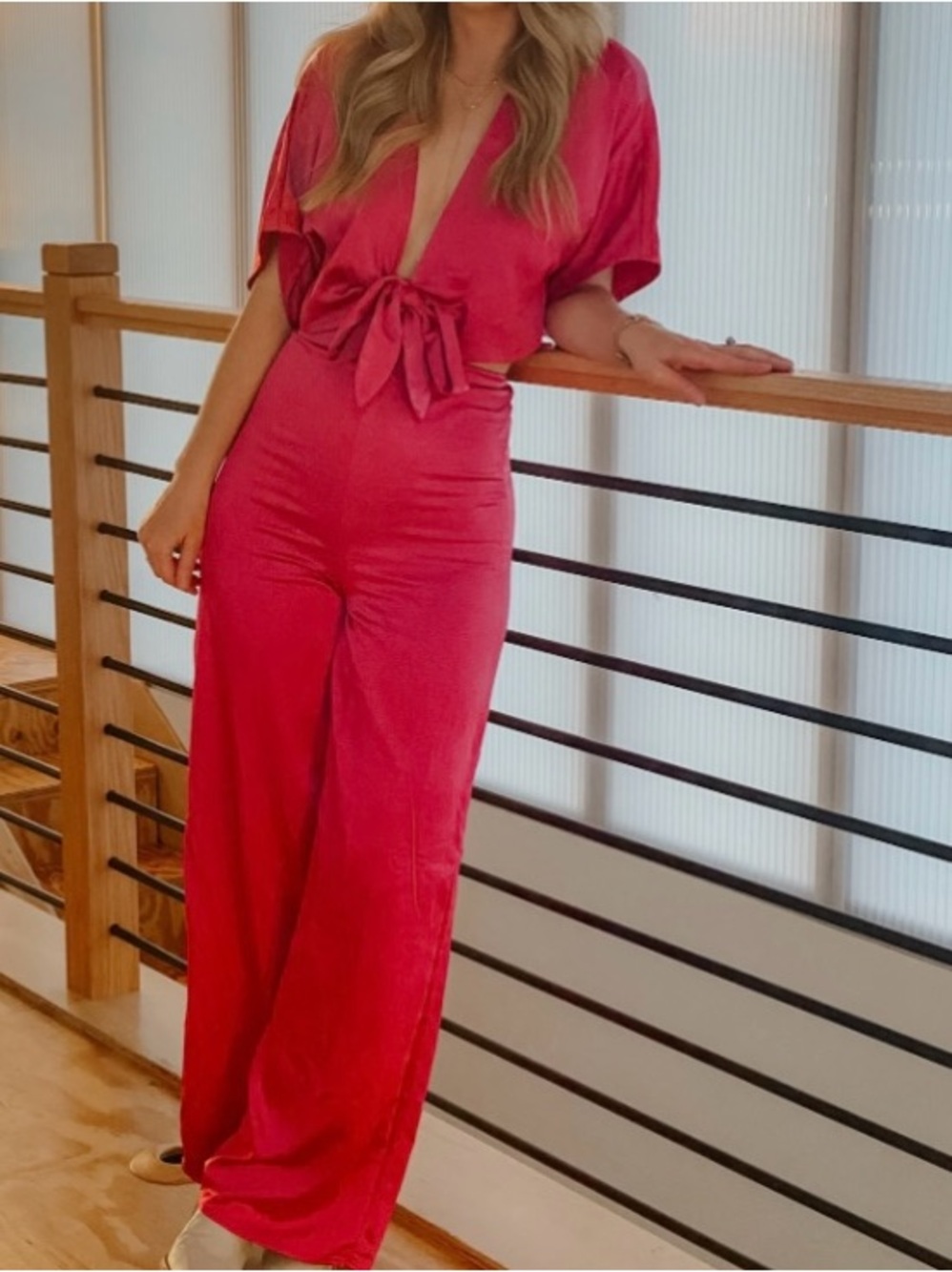 Flirt For Fun Fuschia Pink Tie-Front Two-Piece Wide-Leg Jumpsuit